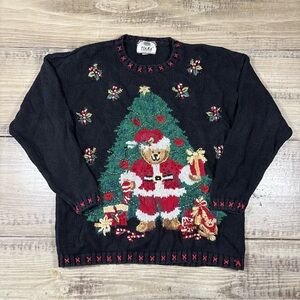 Tiara Festive Black Sweater with Bear and Tree Design